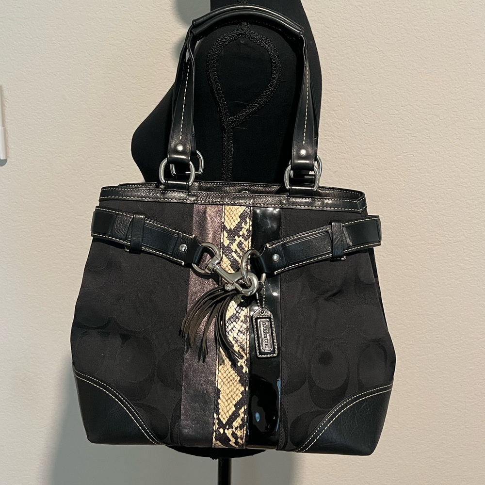 Coach Black Signature Bag with Snakeskin Accent & Charm (Style E06J-10264)